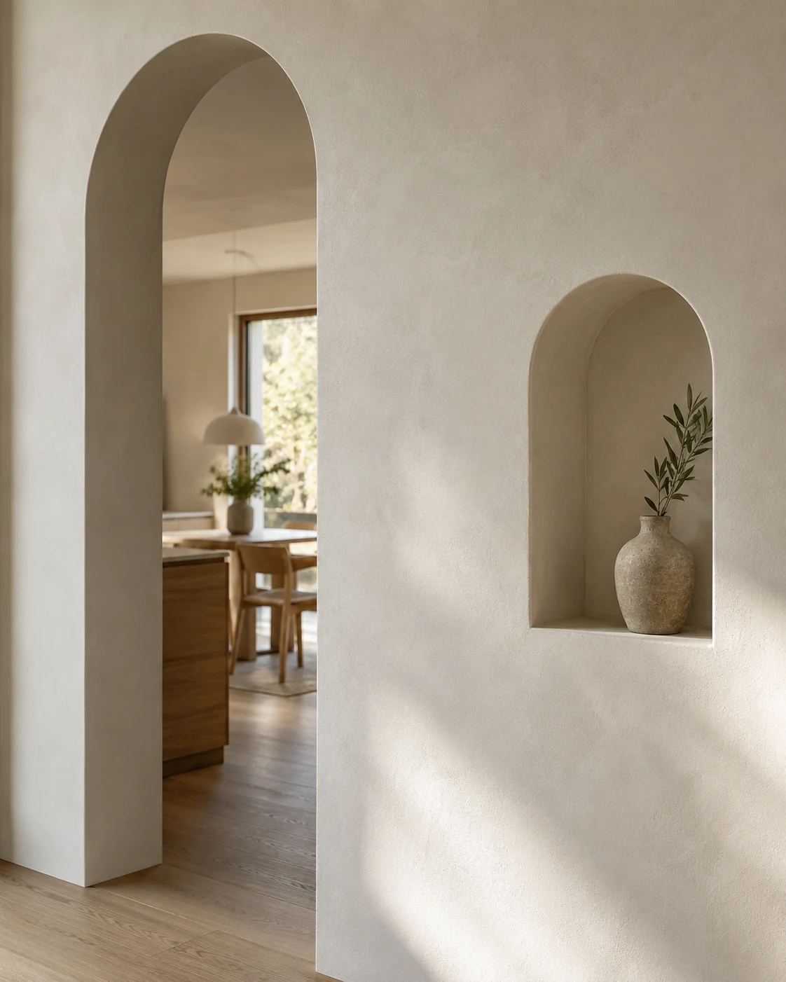 Helle Wandgestaltung mit feiner Struktur, Rundbogen und eingelassener Nische